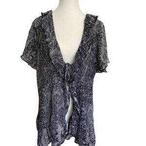 Laura Sheer Black White front tie coverup blouse - Feminine Summer Beach Sz 20